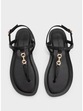 Charles & Keith Black Leather T-Bar Sandals with Gold Accent